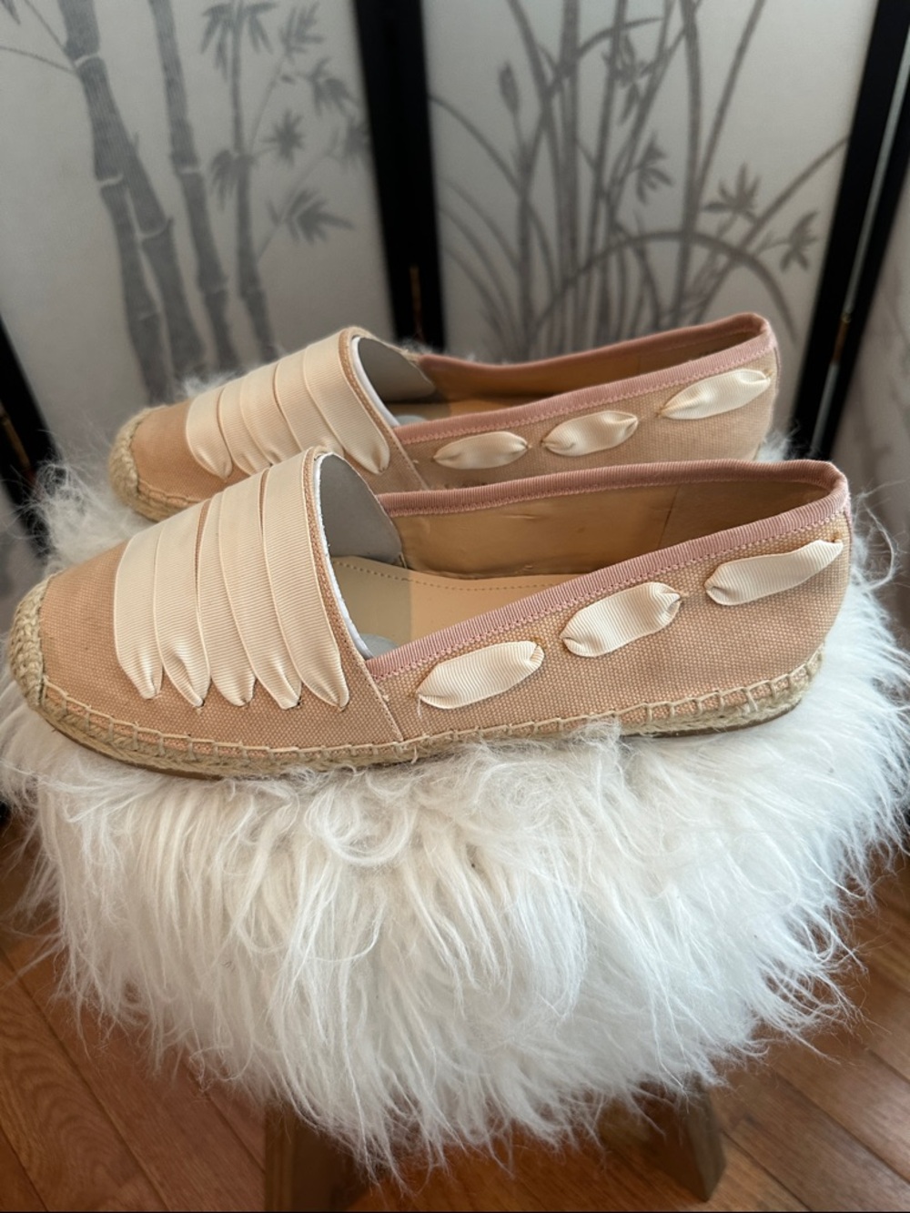 Enzo Angiolini Pink Canvas Espadrille Slip-Ons with Cream Ribbon